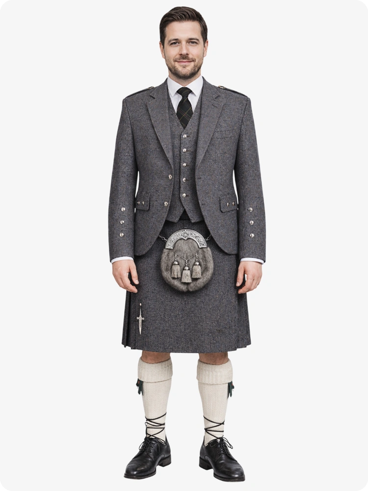 Kilt in tweed a spina di pesce color antracite con giacca a rombi in tweed a spina di pesce color antracite, completo kilt
