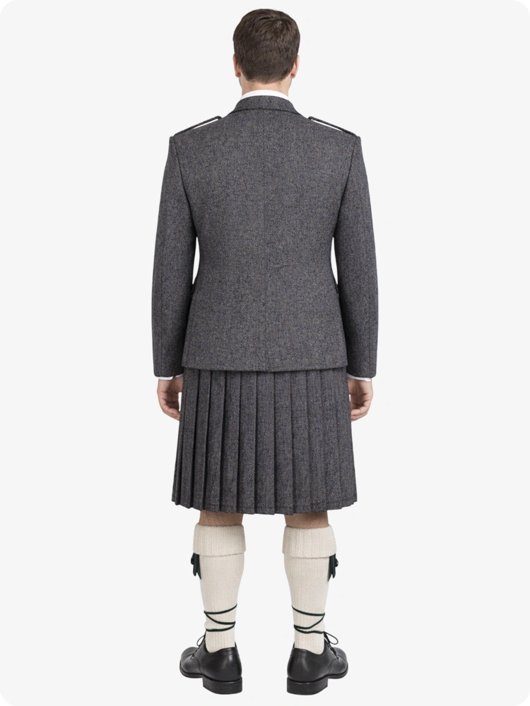 Kilt in tweed a spina di pesce color antracite con giacca a rombi in tweed a spina di pesce color antracite, completo kilt