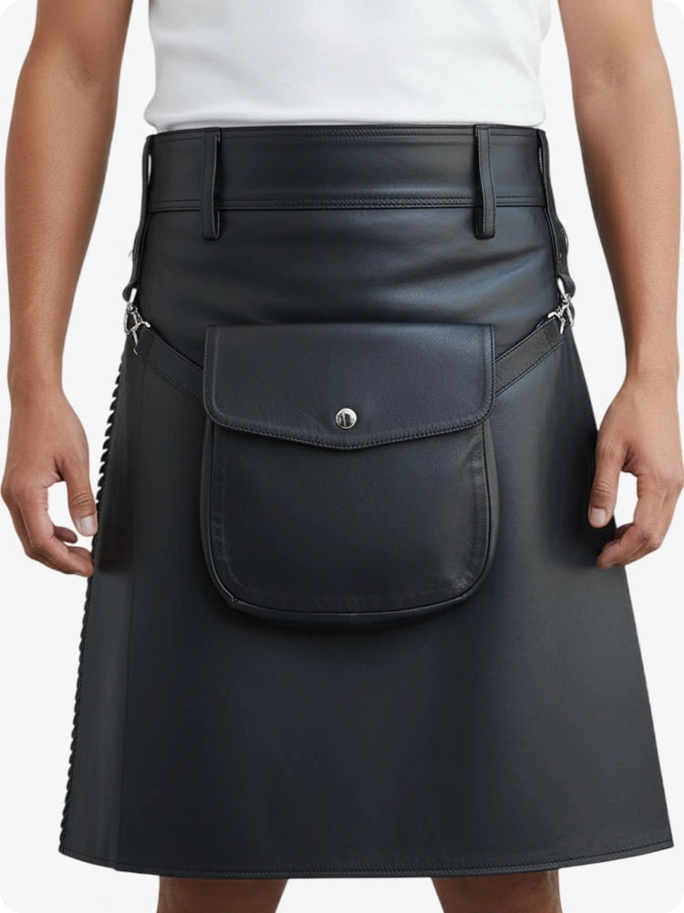 Kilt in pelle pieghettato antracite con passanti cintura e cinghie laterali