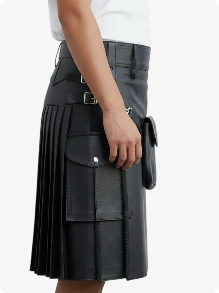 Kilt in pelle pieghettato antracite con passanti cintura e cinghie laterali