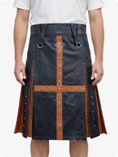 Person wearing a Charcoal kilt with brown accents on a white background