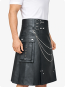 Charcoal Leather Utility Kilt with Chain Detailing & Adjustable Straps