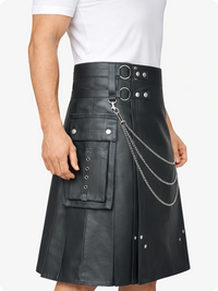 Charcoal Leather Utility Kilt with Chain Detailing & Adjustable Straps