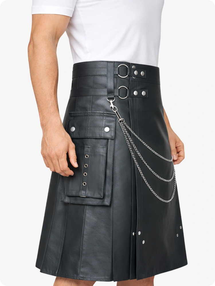 Charcoal Leather Utility Kilt with Chain Detailing & Adjustable Straps