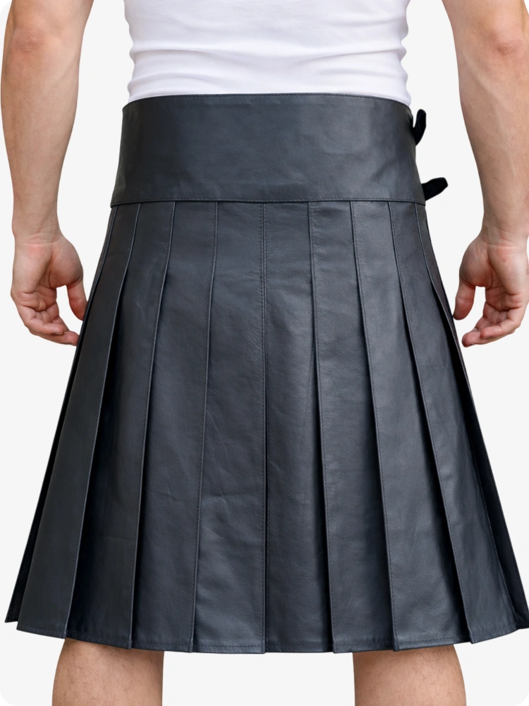 Charcoal Leather Utility Kilt with Front Pocket & Adjustable Buckle Straps