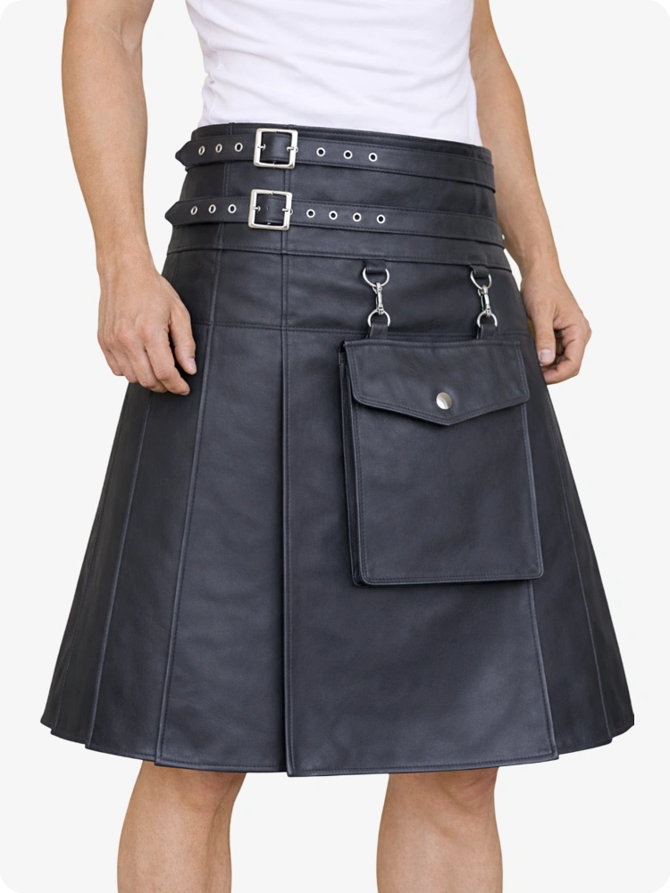 Kilt utility in pelle color antracite con tasca frontale e cinghie regolabili con fibbia