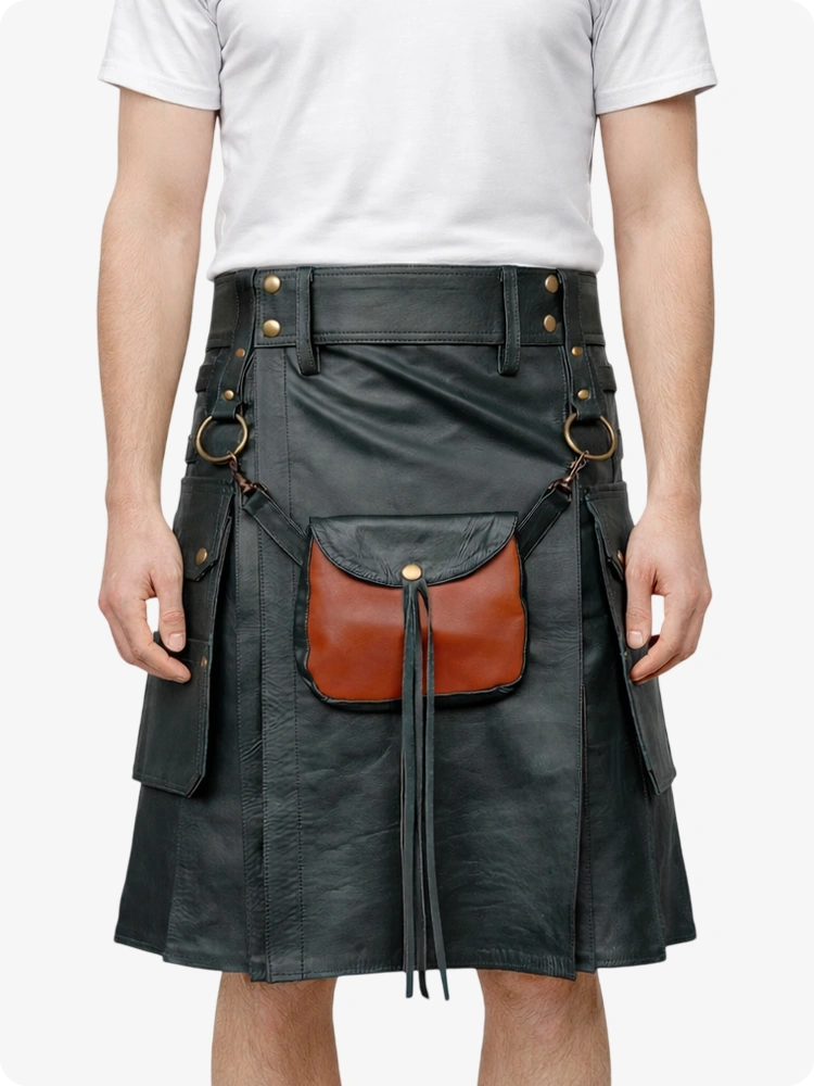 Charcoal Leather Utility Kilt with Front Sporran