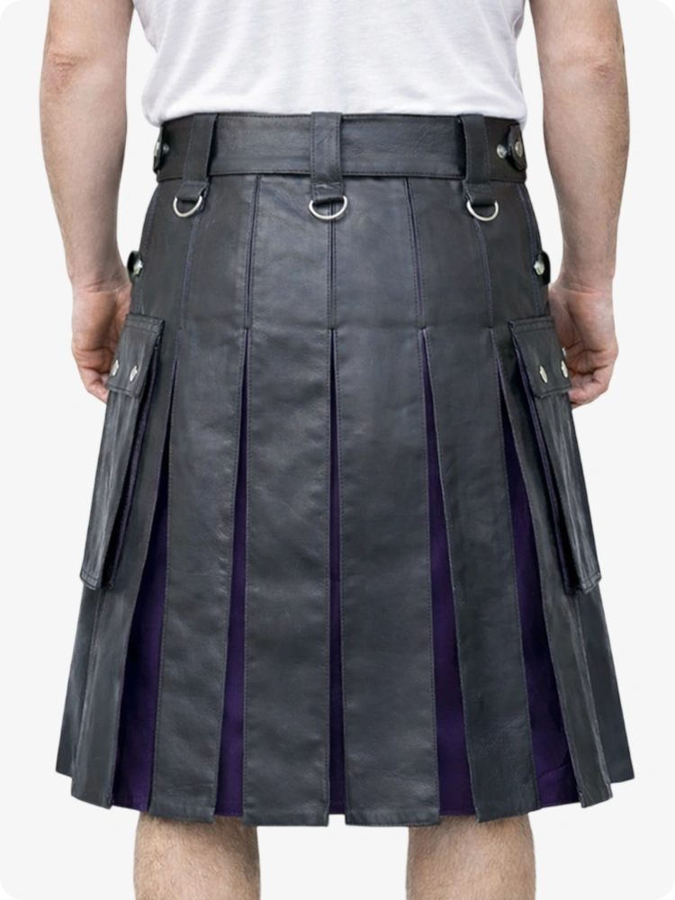 Person wearing a Charcoal leather kilt with purple lining on a white background