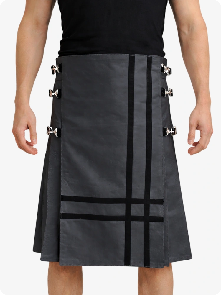 Charcoal Leather Utility Kilt with Side Buckles & Pleated Back