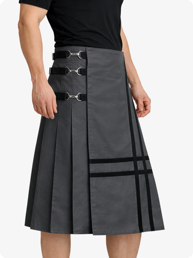 Charcoal Leather Utility Kilt with Side Buckles & Pleated Back