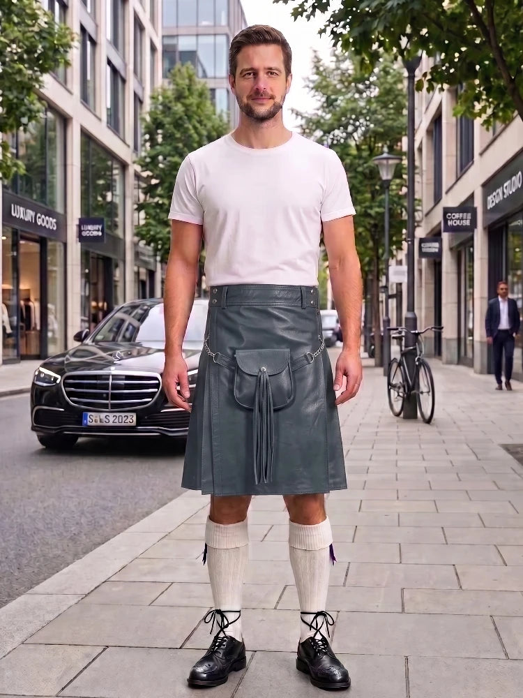 A man stands on a city sidewalk wearing a white crew-neck t-shirt and a dark gray faux-leather kilt with front pockets and a drawstring waist. He is also wearing white knee-high socks and black leather shoes.