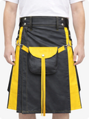 Charcoal and yellow kilt worn by a person on a white background