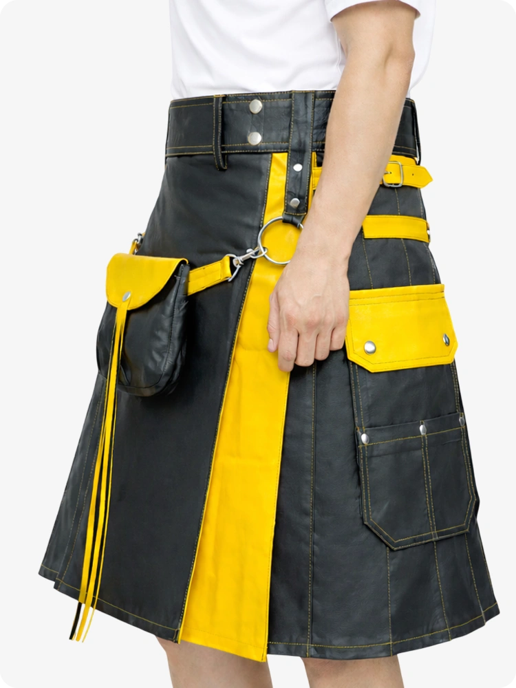 Charcoal and yellow kilt with a belt and pouch on a white background