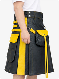 Charcoal and yellow kilt worn by a person on a white background