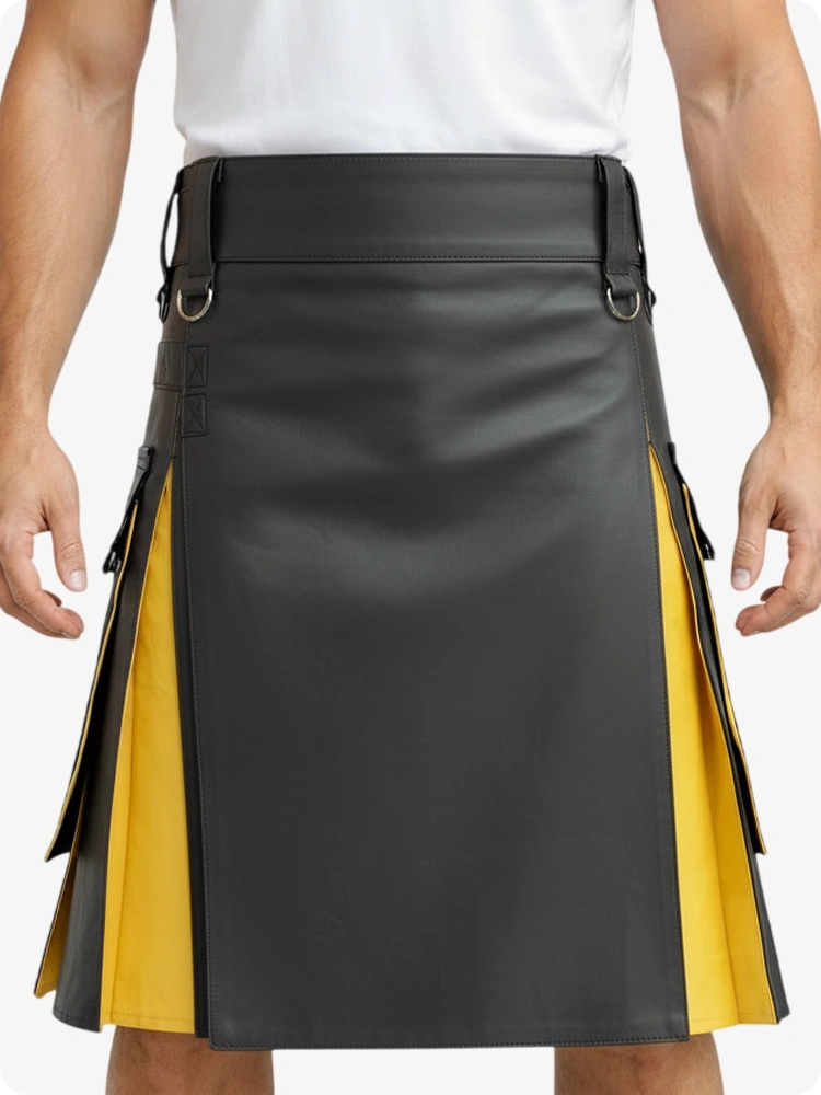 Kilt in pelle antracite e giallo con tasche cargo