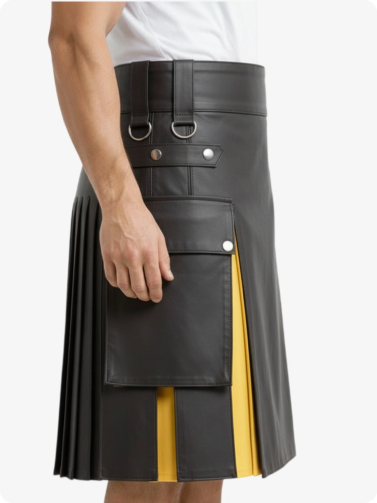 Kilt in pelle antracite e giallo con tasche cargo