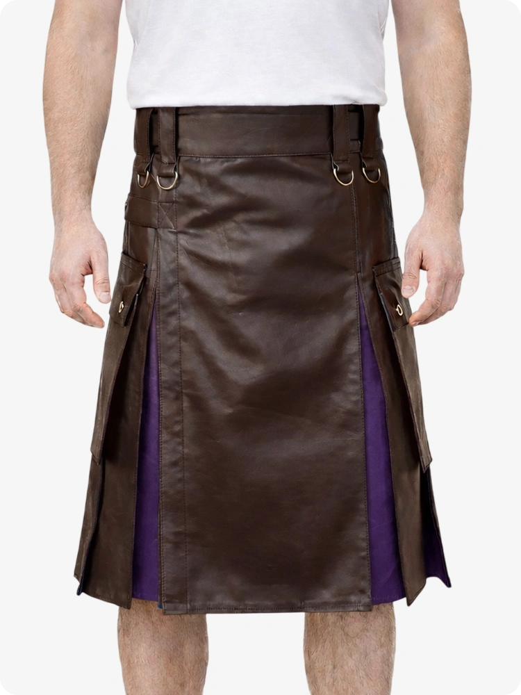 Chocolate Brown leather kilt with purple accents on a white background