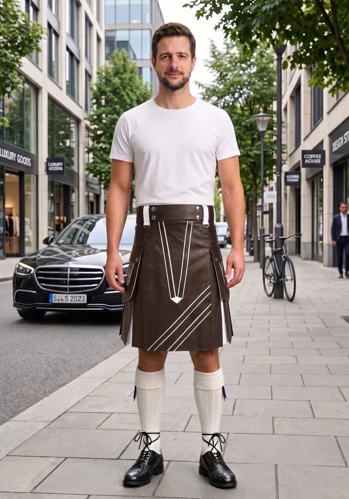 Chocolate Brown and White Leather Hybrid Utility Kilt front