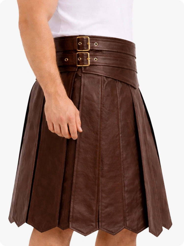 Chocolate Brown Leather Highland Kilt Adjustable Buckle Waist & Classic Pleats