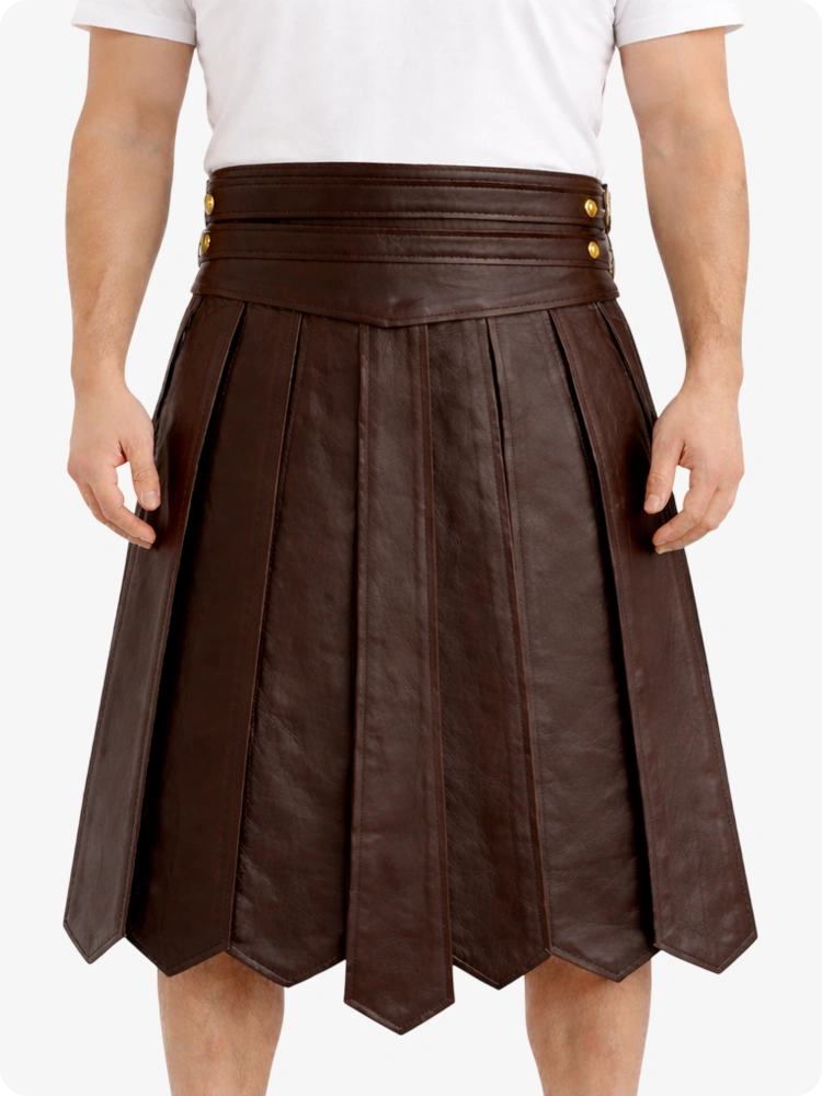 Chocolate Brown Leather Highland Kilt Adjustable Buckle Waist & Classic Pleats
