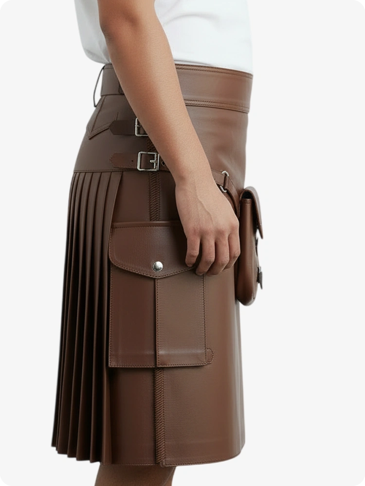 Kilt in pelle pieghettato marrone cioccolato con passanti cintura e cinghie laterali