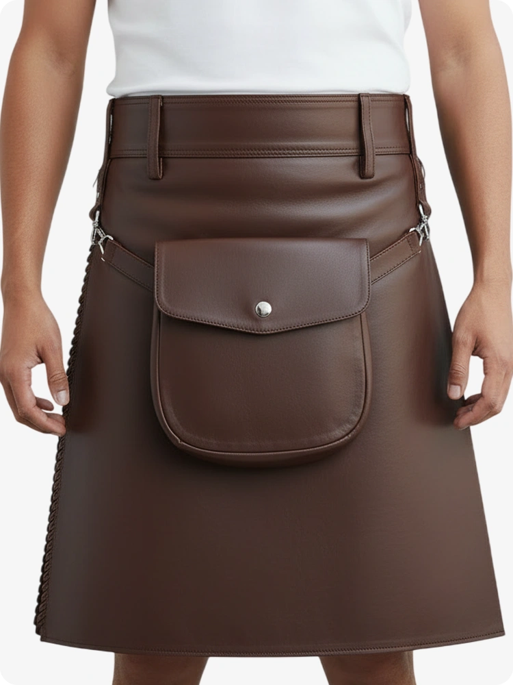 Kilt in pelle pieghettato marrone cioccolato con passanti cintura e cinghie laterali