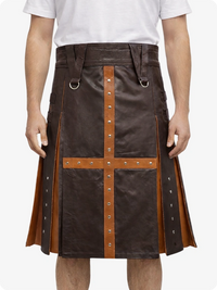 Chocolate Brown kilt with leather straps and accents on a white background