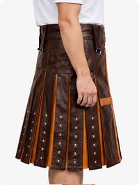 Cholcote Brown leather kilt with orange accents on a white background