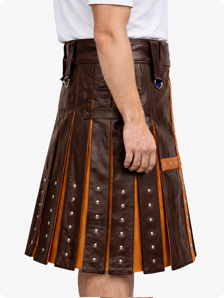 Cholcote Brown leather kilt with orange accents on a white background