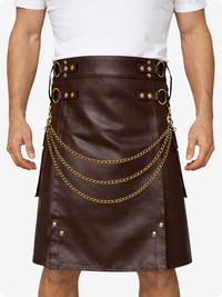 Chocolate Brown Leather Utility Kilt with Chain Detailing & Adjustable Straps