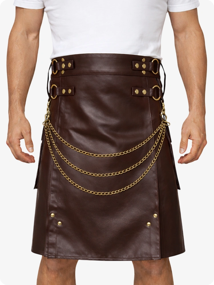 Chocolate Brown Leather Utility Kilt with Chain Detailing & Adjustable Straps