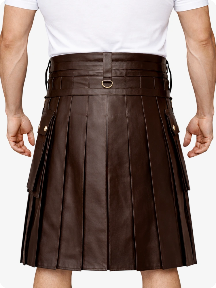 Chocolate Brown Leather Utility Kilt with Chain Detailing & Adjustable Straps