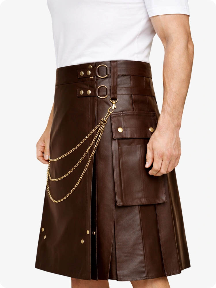 Chocolate Brown Leather Utility Kilt with Chain Detailing & Adjustable Straps