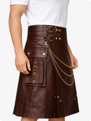 Chocolate Brown leather skirt with gold chain detail on a white background