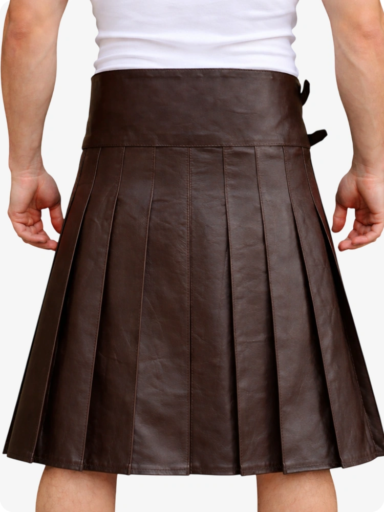 Chocolate Brown Leather Utility Kilt with Front Pocket & Adjustable Buckle Straps