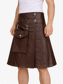 Chocolate Brown leather skirt with pockets and buttons on a white background