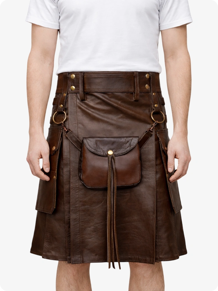 Chocolate Brown Leather Utility Kilt with Front Sporran