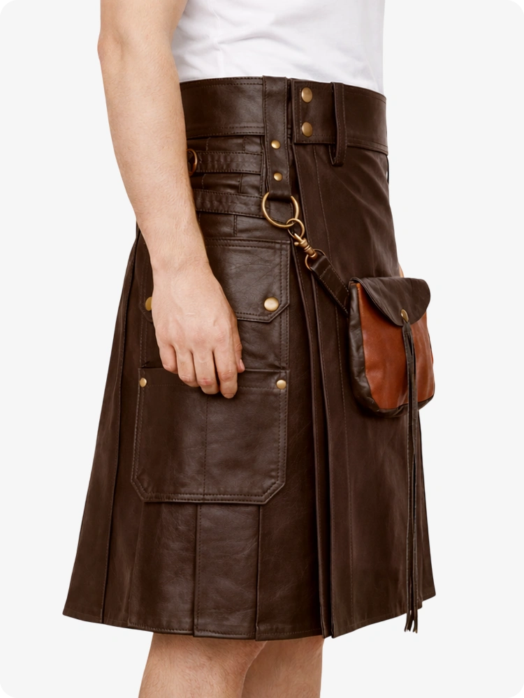 Chocolate Brown Leather Utility Kilt with Front Sporran
