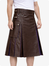 Chocolate Brown leather kilt with purple accents on a white background