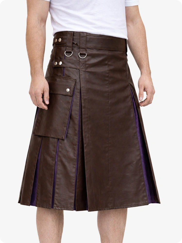 Chocolate Brown leather kilt with purple accents on a white background