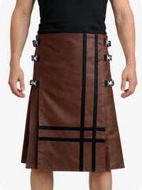 Brown leather kilt with black accents on a white background