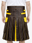 Chocolate Brown Leather Utility Kilt with Yellow Accents & Detachable Pockets