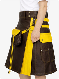 Chocolate Brown Leather Utility Kilt with Yellow Accents & Detachable Pockets