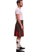 A man shown in profile wearing a brown leather kilt with red and black striped fabric panels, a white t-shirt, white knee socks, and black shoes, against a plain white background.