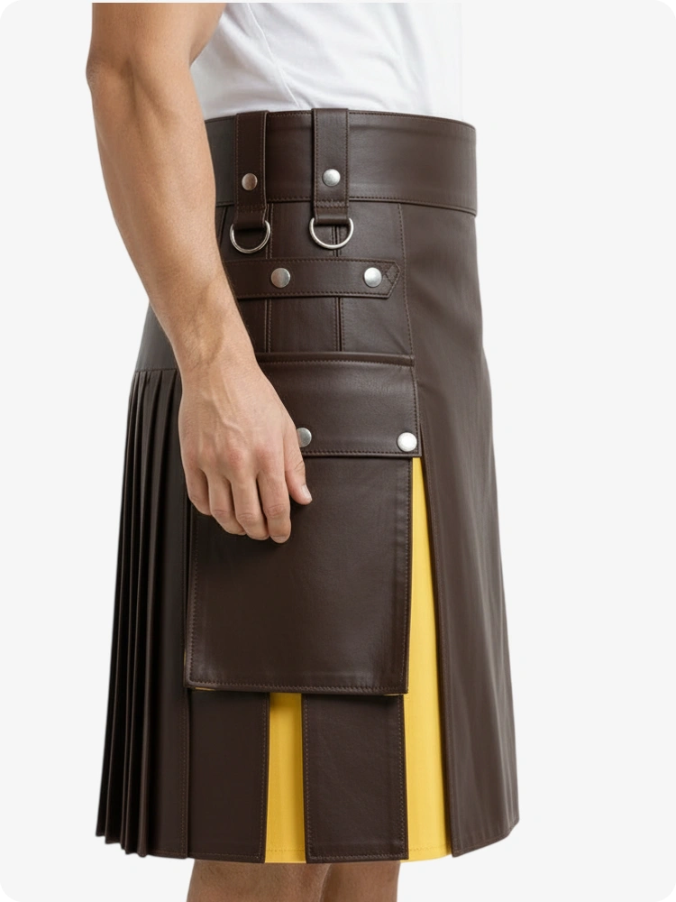 Kilt in pelle cioccolato marrone e giallo con tasche cargo