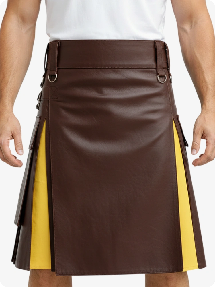 Kilt in pelle cioccolato marrone e giallo con tasche cargo