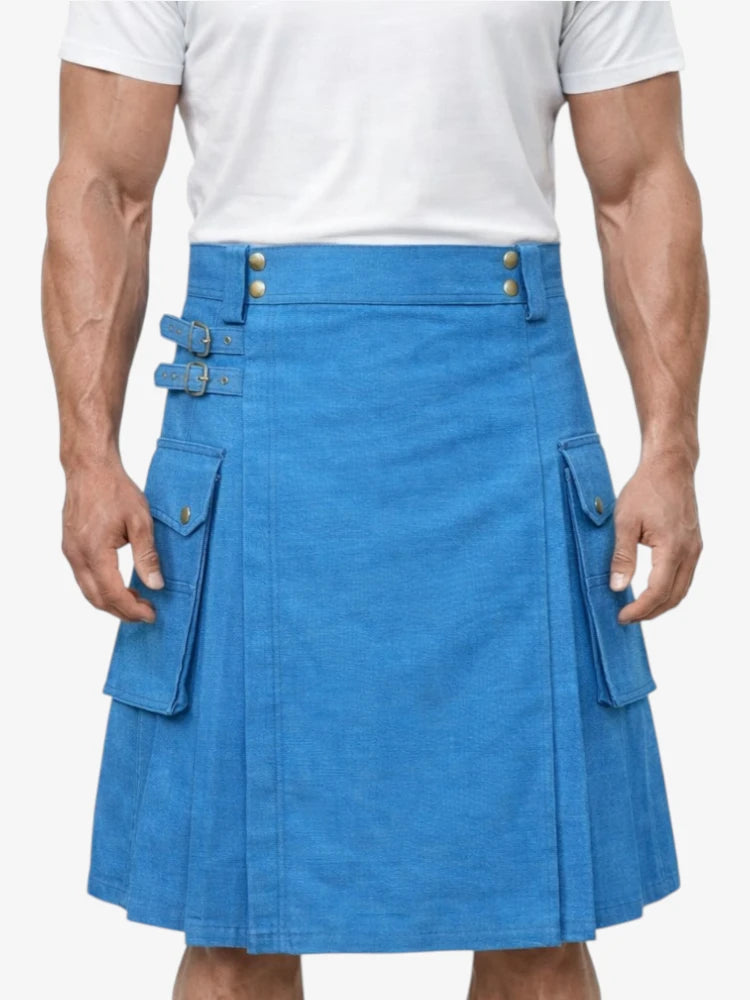 Gonna Scozzese in Denim Blu Moderno Classico con Cinghie Regolabili