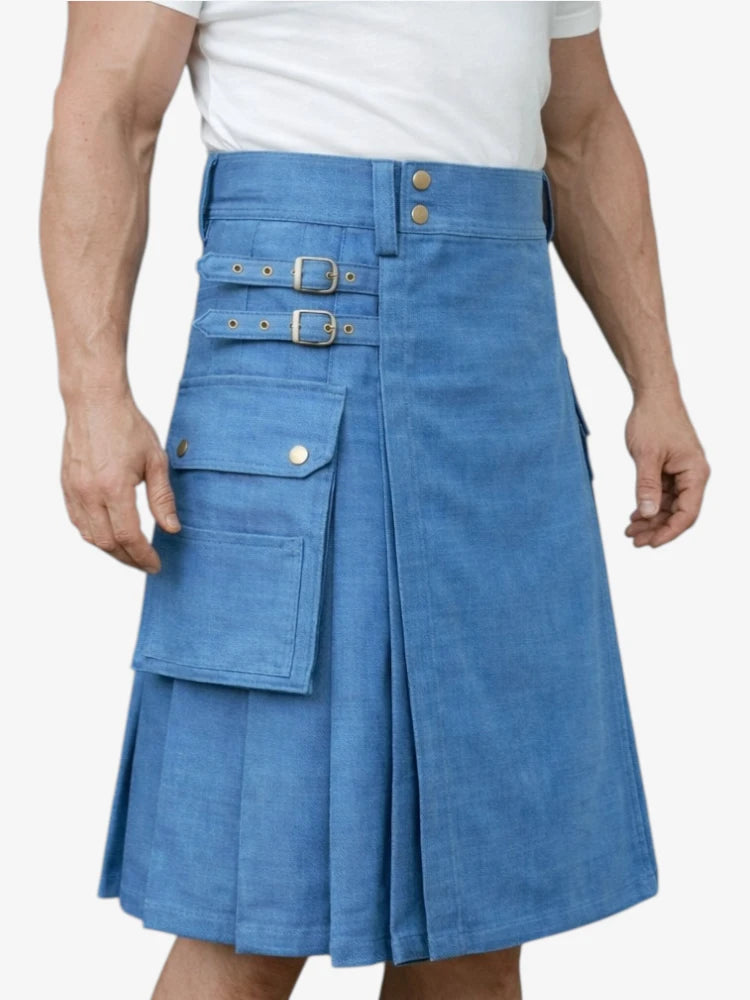 Gonna Scozzese in Denim Blu Moderno Classico con Cinghie Regolabili