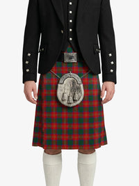 Person wearing a black jacket and red plaid kilt with a silver sporran on a white background