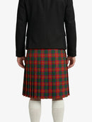Person wearing a black jacket and red plaid kilt on a white background